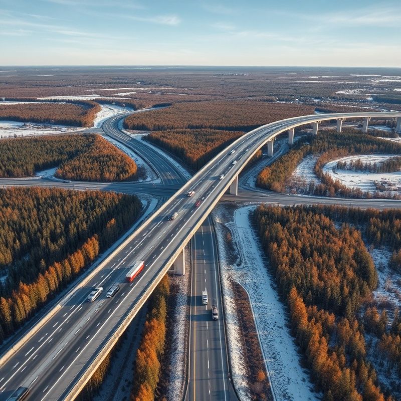 Aerial view of a Canadian highway interchange in autumn with transport trucks on multiple lanes