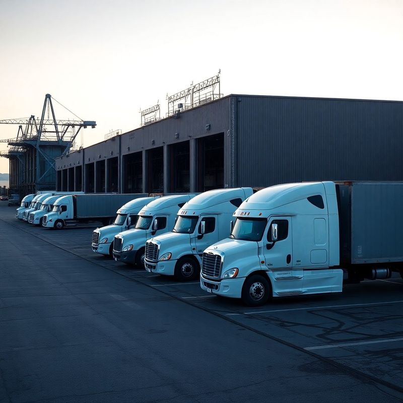 White transport trucks staged for departure at a Canadian freight terminal at dawn