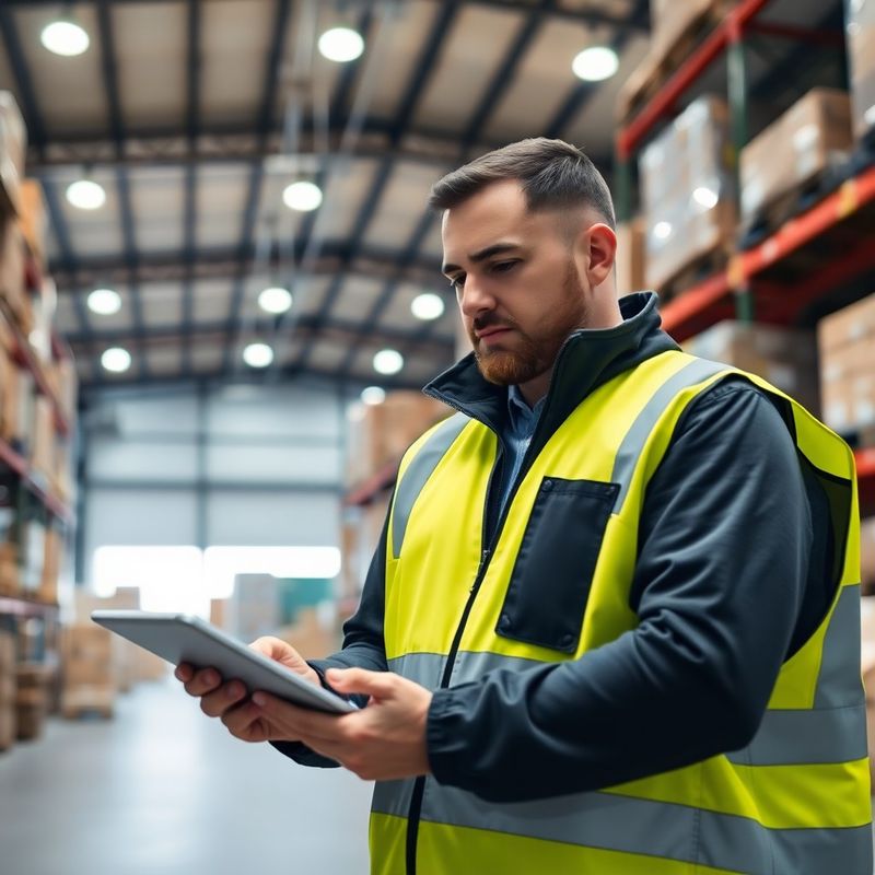 Logistics coordinator reviewing a digital manifest on a tablet inside a Québec City warehouse
