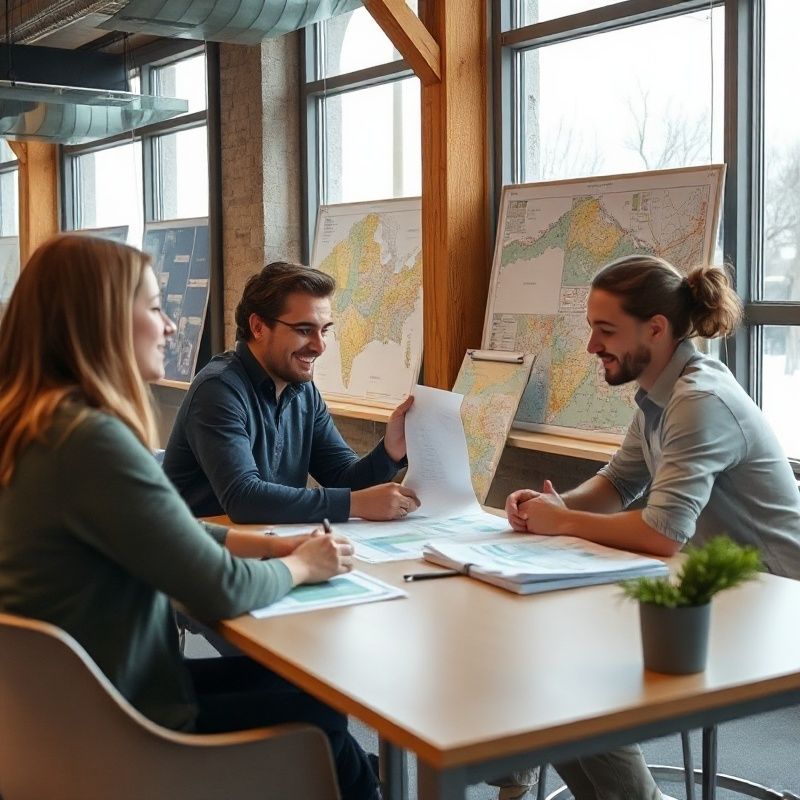 A small logistics team gathered around a planning table in a Québec City office